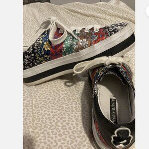 Alice + Olivia Emmalyn Leather Striped Floral Platform Sneakers Women Size 7M